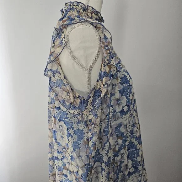 MELLODAY blue BLOUSE top FLORAL lined SMOCKED ruffles BLOUSE - Picture 10 of 12